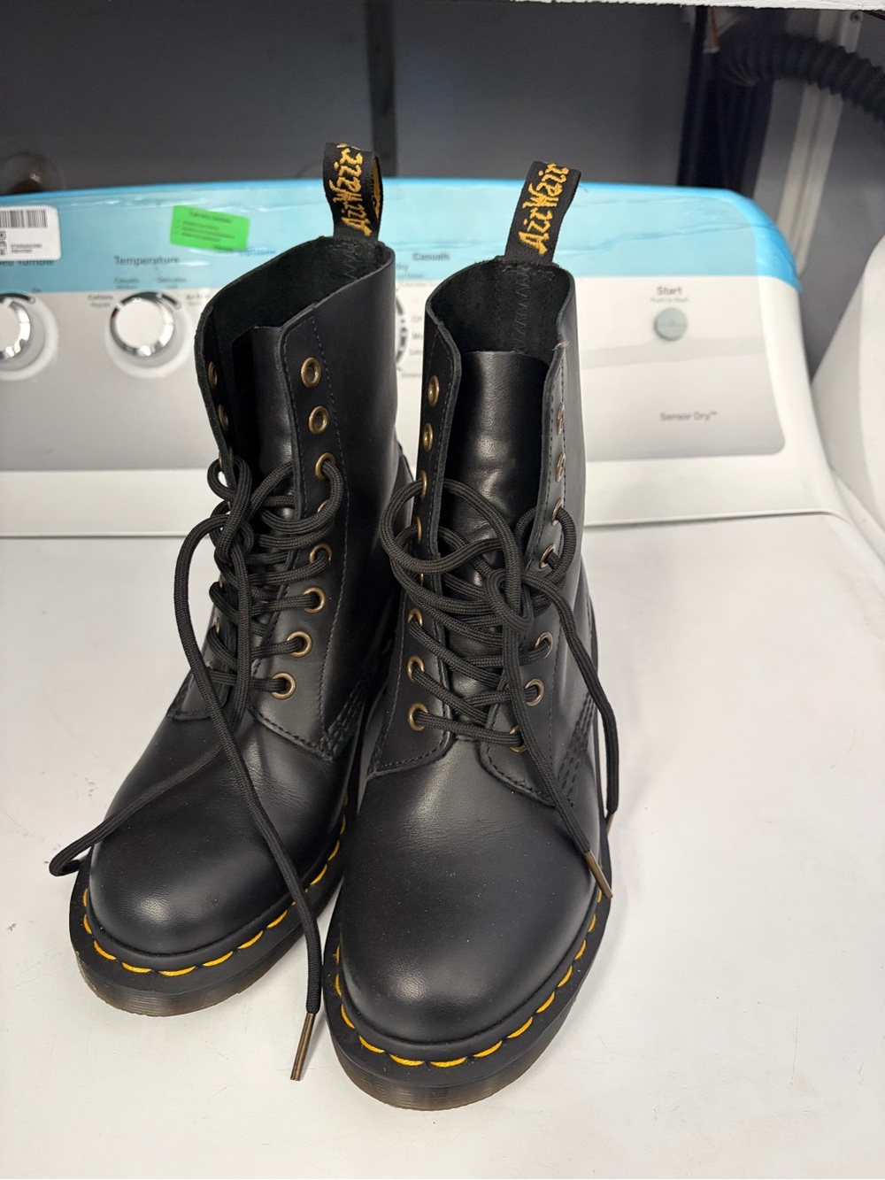 Dr. Martens Black Leather Lace-Up Combat Boots with Yellow Stitching Size 6